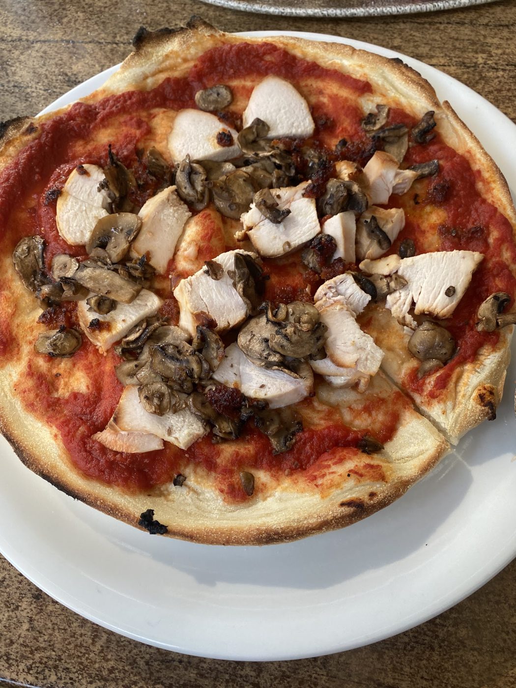 Mushroom pizza on a white plate